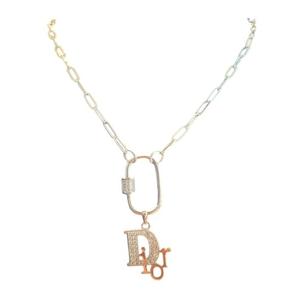 Dior Silver & Crystal Trotter Pendant Paper Clip Carabiner Necklace (CDXX028) - Picture 1 of 3